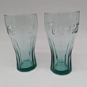 Vintage Set Of Two Teal Coca Cola Coke Tumblers Embossed Raised Coca Cola Logo 12 oz. 6&quot; Height