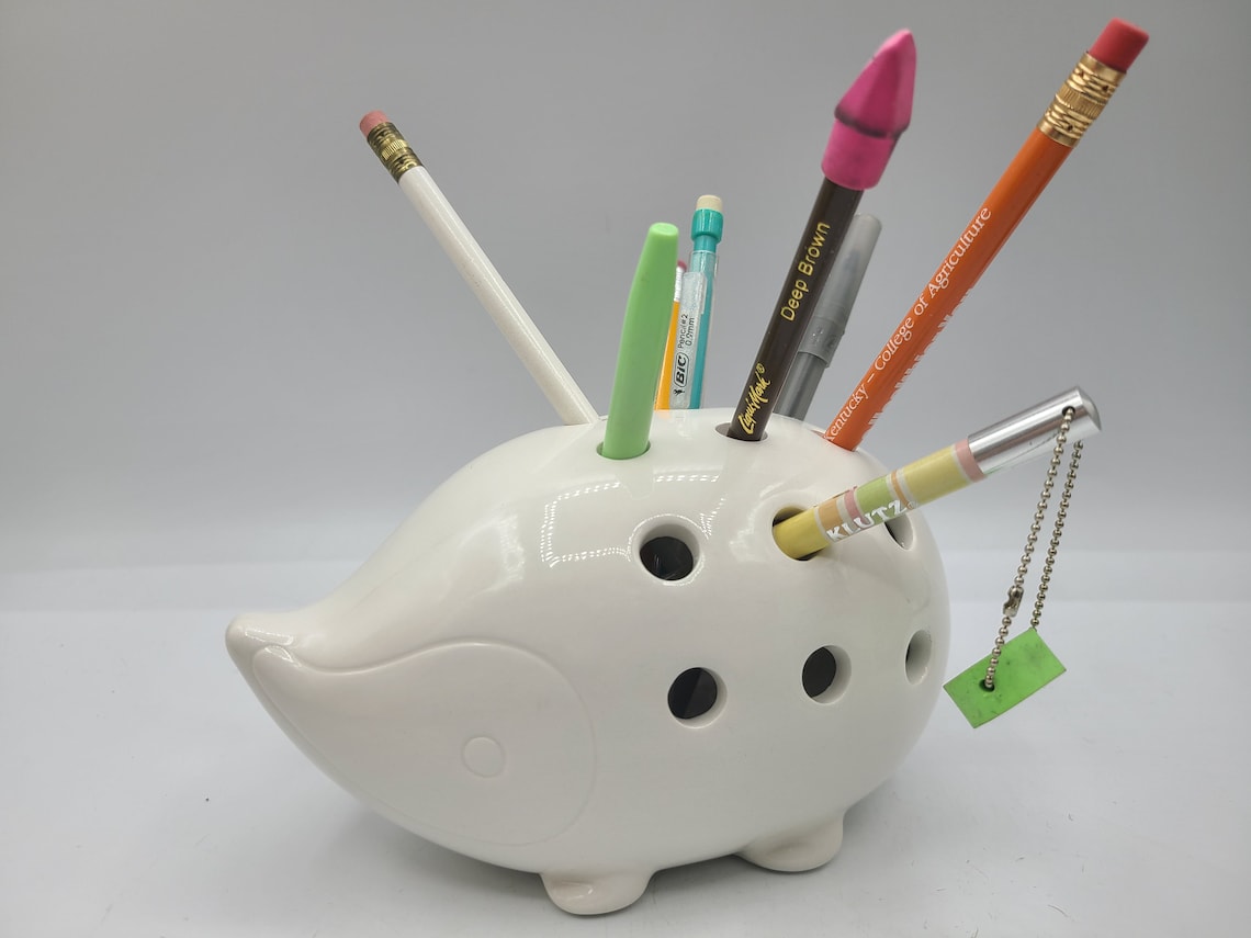 White Ceramic Porcupine Hedgehog Pencil Holder Crochet Hook Etsy