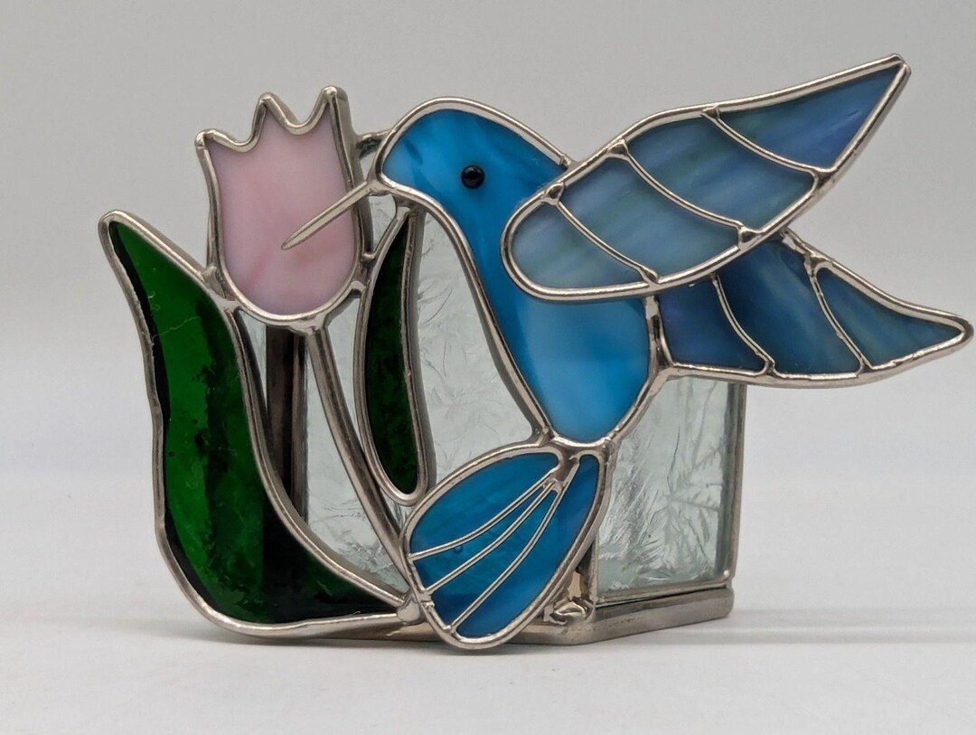 Stained Glass Hummingbird Tealight Holder – Blue Bird & Pink Tulip ...