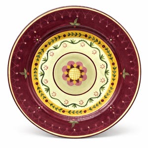 Zrike Brocade Dinner Plate by Lori Siebert – 10 3/4" Hand-Painted Ceramic – Burgundy Green Folk Art Floral Country Tableware