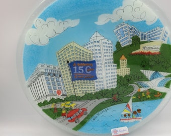 Glass Art Plate – Peggy Karr Fused Glass – Milwaukee Skyline Lake