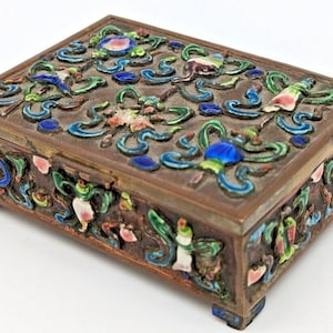 Cloisonne Repousse Enamel Brass Floral Design Box Hand Painted Old Chinese