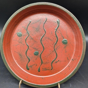 Vintage MCM Redware Pottery Plate: Green Slip Glaze Folk Art