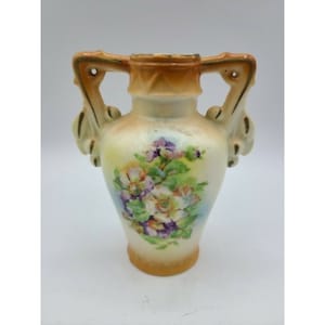 Hand Painted Floral Double Handle Ceramic Vase Made in Czechoslovakia