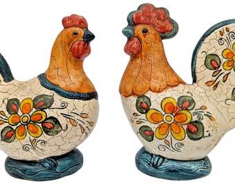 Rooster Chicken Hand Painted Colorful Ceramic Figurines Set of 2 Folk Art Style Country Home Decor Whimsical Gift