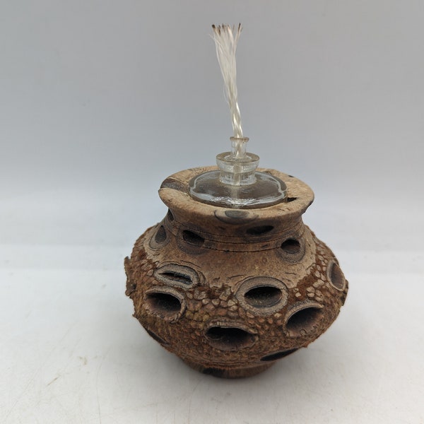 Banksia Seed Pod Wood Oil Lamp Handmade Signed Genuine Folk Art Australian Folk Art Vintage