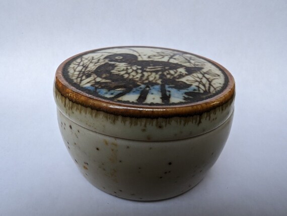 Duck Scene Lidded Trinket Dish Speckled Stoneware… - image 6