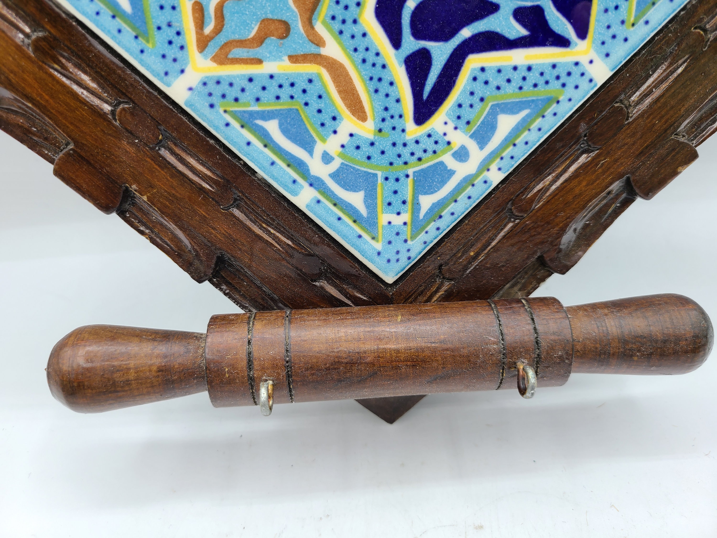 Ceramic Tile Wall Hanger Mexican Folk Art Wood Base Blue Gold Etsy UK