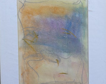 May include: Abstract art painting with a mix of purple, blue, yellow, and orange colors. The painting has a textured look and is signed "Zavala" in the bottom right corner. The artist's name "george b." is written on a label below the painting.