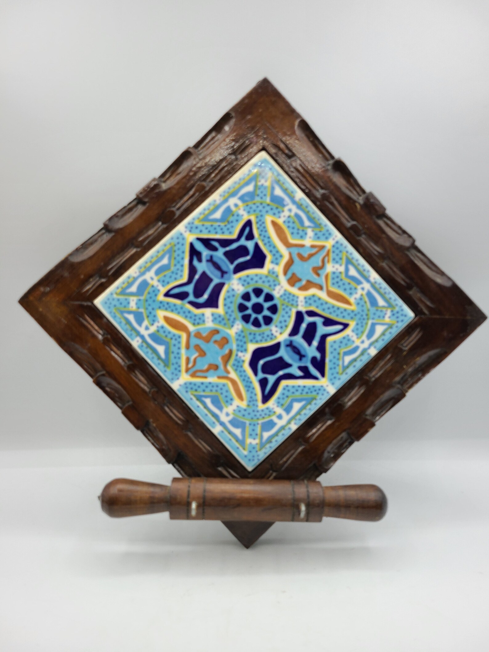 Ceramic Tile Wall Hanger Mexican Folk Art Wood Base Blue Gold Etsy UK