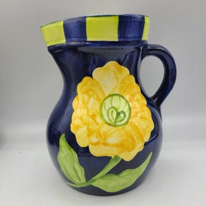 MCM Cobalt Blue Yellow Floral Pitcher Hand Painted Laurie Gates Vintage