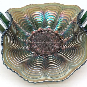 Vintage Fenton Peacock Tail Green Carnival Glass Two Handle Bowl Art Glass