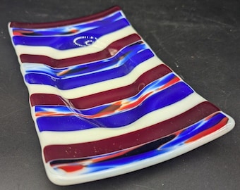 Patriotic Fused Glass Tray: Red White Blue USA Flag Decor