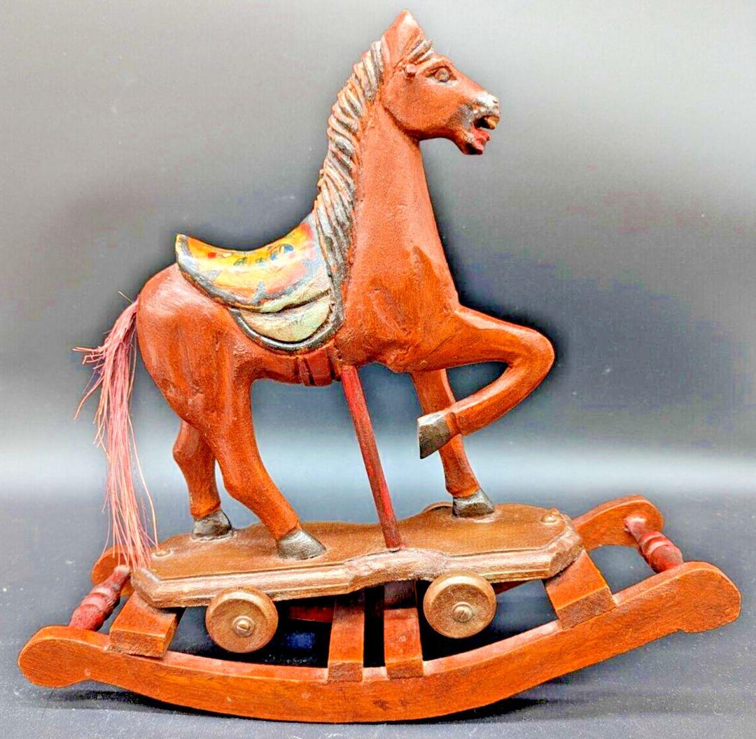 Hand Carved Painted Wood Rocking Horse Antique Primitive Folk Art Pull ...