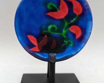 Art Glass Tealight Holder – Steninge Slott Sweden – Fused Blue Floral Disc on Metal Stand – Scandinavian Decor Candle Accent