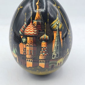 MCM Vintage Hand Painted Black Lacquer Egg of St. Basil&#39;s Cathedral Moscow