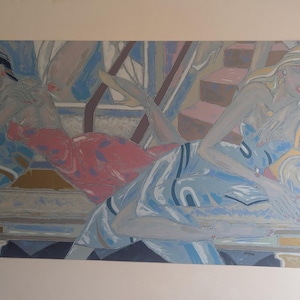 May include: A large horizontal painting depicting two figures lounging on a light blue ornate chaise longue. One figure wears a red patterned garment, while the other wears a blue patterned dress. The background features a staircase and a checkered floor.