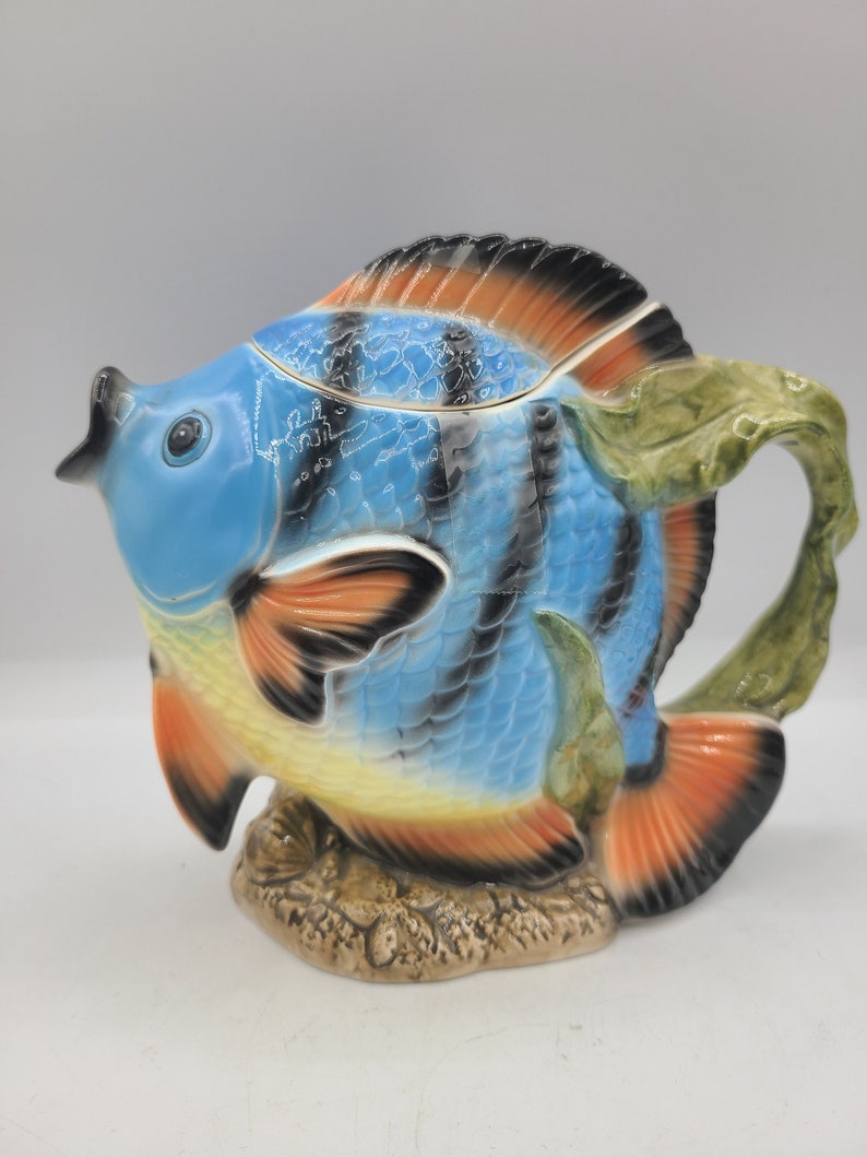 Fish Teapot Takahashi San Francisco Hand Painted Blue & Orange Etsy