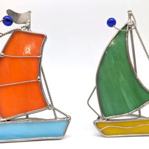 Handmade Stained Glass Sailboat Figurine Set Nautical Suncatcher Window Art Colorful 4″ Blue, Orange & Green Coastal Decor