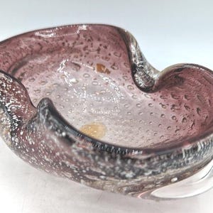 Murano Purple Bullicante Bowl with Silver Flake – Mid Century Modern Italian Art Glass – Vintage Controlled Bubbles Murano Glass Decor