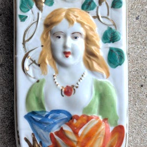 Vintage Porcelain Wall Pocket Radiator Humidifier – Victorian Lady Portrait Gold Floral Ceramic Vase