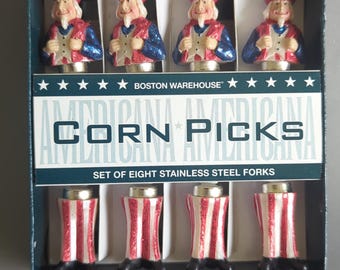 Boston Warehouse Americana Corn Picks Set of 8 Uncle Sam Bacon Stripe Corn Holders 2001 New Open Box