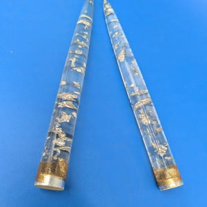2 Vintage MCM Lucite Taper Candles 8&quot; Silver Foil Flakes Acrylic Candle Decor Mid Century Modern Clear Retro Home Accent Set