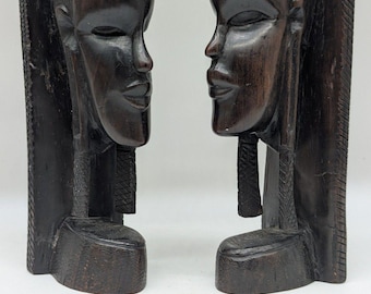 Vintage Hand Carved Wood African Bookends – Tribal Style Face Sculptures, Dark Wooden Art Pair, Ethnic Home Decor Collectible 9" Tall