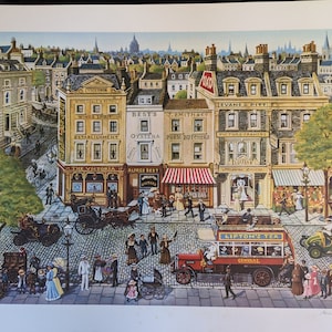May include: A colorful print depicting a bustling street scene from a bygone era. Buildings with shop signs like "Wine & Spirit" and "Oysters" line the cobblestone street. Horse-drawn carriages and early automobiles share the road with pedestrians in period attire. A red double-decker bus reads "Lipton's Tea".