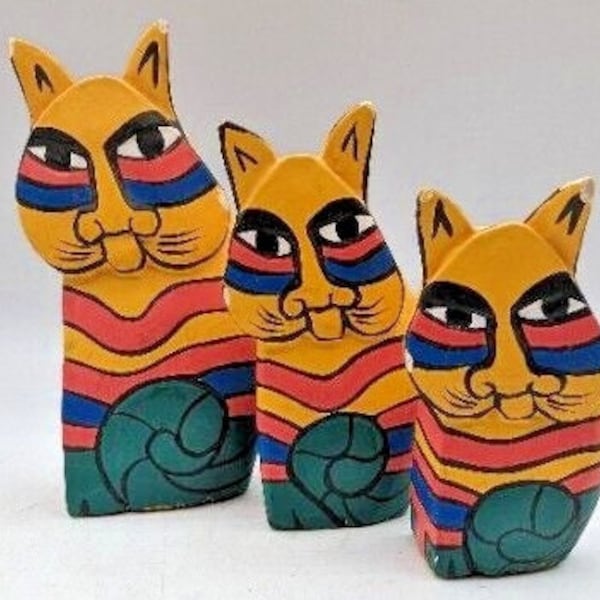 Set of 3 Folk Art Cats Laurel Burch Style Wood  Carved Hand Painted Indonesia Whimsical Cat Lover Gift