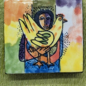 MCM Picasso Style Ceramic Tile Wall Art – Framed Hand Painted Abstract Modern Decor, Mid Century Cubist Tile Hanging, Retro Wall Plaque