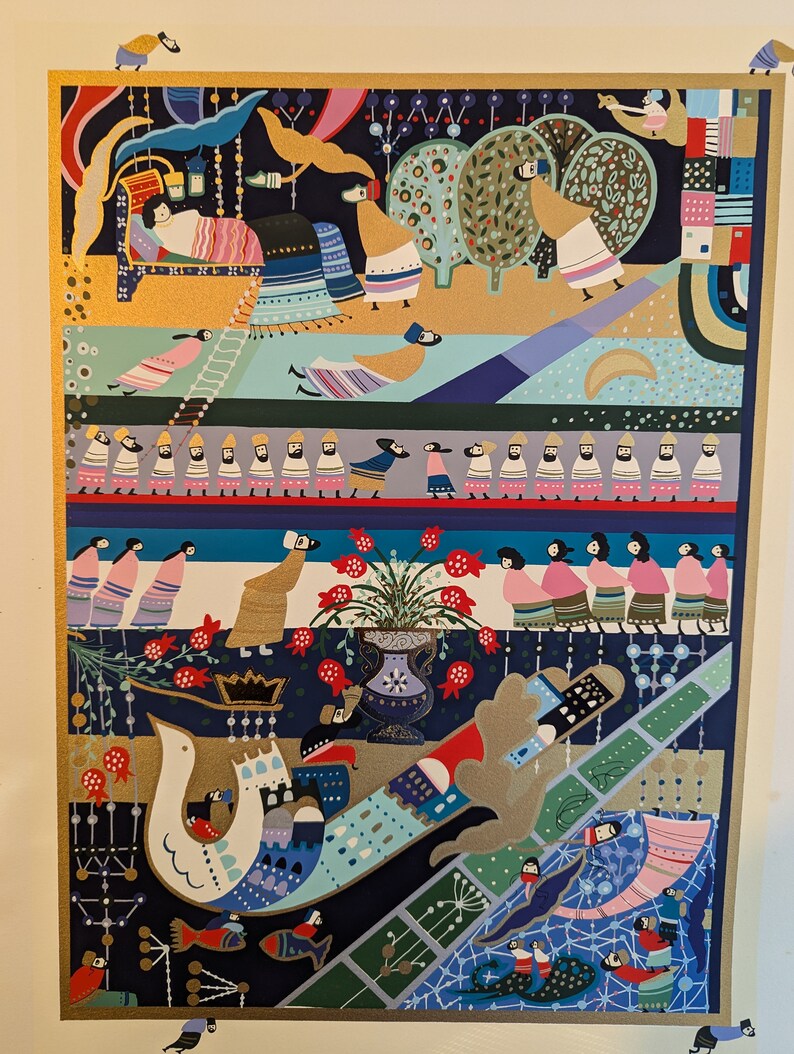 May include: A colorful, abstract illustration with a whimsical, fairytale-like theme. The artwork features a variety of figures, animals, and plants, all rendered in a bold, graphic style. The image is filled with vibrant colors, including blues, greens, reds, and yellows.
