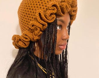 Crochet Rüschen-Hut Niedliches handgemachtes Hut Geschenk für Frauen Bucket Hat mit Rüschen häkeln Geschenk brauner Hut Mode-Design Accessoire häkeln Beanie
