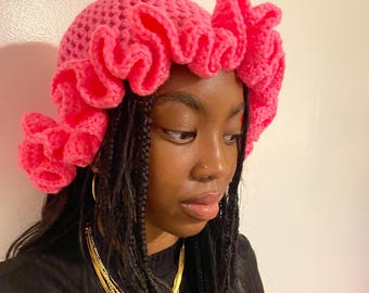 Gehäkelter Rüschen-Hut Niedliches handgemachtes Hut-Geschenk für Frauen Eimer-Hut mit Rüschen häkeln präsentieren rosa Hut Mode-Design-Accessoire häkeln Beanie