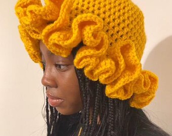Gehäkelter Rüschen-Hut Niedliches handgemachtes Hut-Geschenk für Frauen Eimer-Hut mit Rüschen häkeln Geschenk Gelber Hut Mode-Design-Accessoire Häkelhut