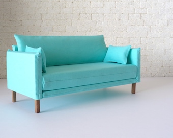 Modern Doll Sofa 1/6 scale in Aqua color 2 matching pillows