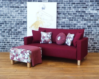 1/6 dollhouse furniture Sofa/ottoman set 5 decorative pillows throw in Merlot / burgundy color
