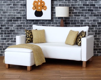 1:6  scale dollhouse furniture Sofa/ottoman set 4 decorative pillows and throw White with black gold