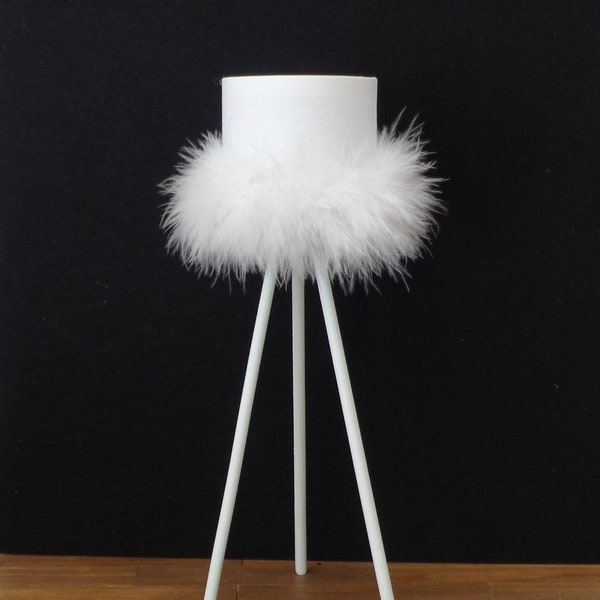 1/6 scale Dollhouse tripod floor lamp 9" inch White Feather Boa trim . LED light battery included.