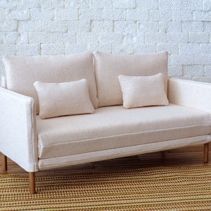 1/6 scale dollhouse furniture 1 fabric sofa and 2 matching pillows in Natural beige color