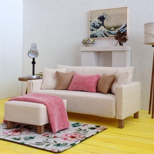 1/6 scale doll Sofa in Ivory, matching ottoman, small blanket and decorative pillows 1 rug