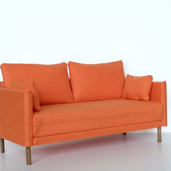 1/6 scale dollhouse furniture 1 fabric sofa and 2 matching pillows in Orange color