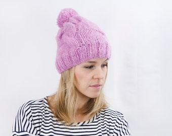 Lightweight Knit Beanie - Baby Alpaca - Cable Knit Pompom Beanie - Soft Wool Beanie The CLOUD - Winter Beanie - Pompom Beanie.