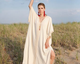 Boho Chic Oversized Caftan Dress - Fringe Kimono Caftan Dress- Long Beach Cover Up  - Long Bohemian Beach Dress - Ethnic Swimsuit Cover Up