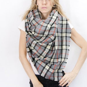 Grey Plaid Blanket Scarf Zara Style Wrap Cotton Plaid Flannel Wrap Oversized Fringe Checked Tartan Plaid Shawl Grey Black White image 1