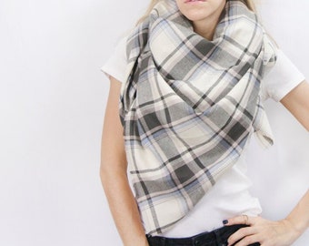 Pastel Plaid Blanket Scarf - Zara Style Wrap - Cotton Plaid Flannel Wrap - Oversized Fringe Checked Tartan - Plaid Shawl - Pink  and Grey