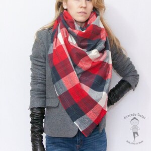 Oversized Blanket Scarf - Plaid Cotton Tartan Scarf - Flannel Fringe Plaid Shawl - Red Navy White Wrap - Plaid Cozy Checked Cowl