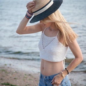 Crochet Summer Top Cropped Festival Top Boho Halter Top Crochet Halter Top Off White Beach Wear Festival Cropped ANGIE Top image 2