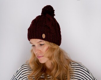 Cable Knit Pompom Beanie - The CHARISMA Beanie - Pom pom Hat - Wool Blend Winter Beanie - Fitted Pompom Beanie