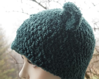 Dark Green Hat, Bear Hat with Ears, Teddy Ear Beanie, Winter Hat, Warm Crochet Hat, Fluffy Beanie, Funny Skiing Hat, Hat for Xmas, Florfanka